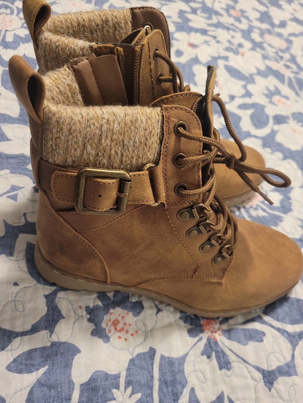 Sonoma Tan Lace-Up Faux Suede Ankle Boots with Knit Cuff